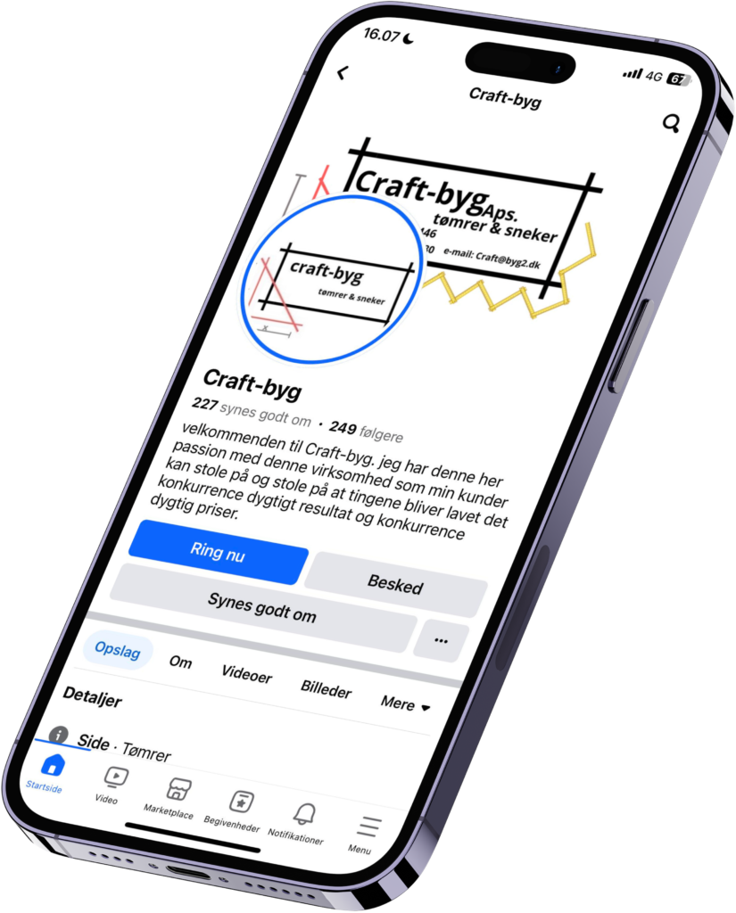 Craft-byg tømrerfirma Facebook-side på smartphone
