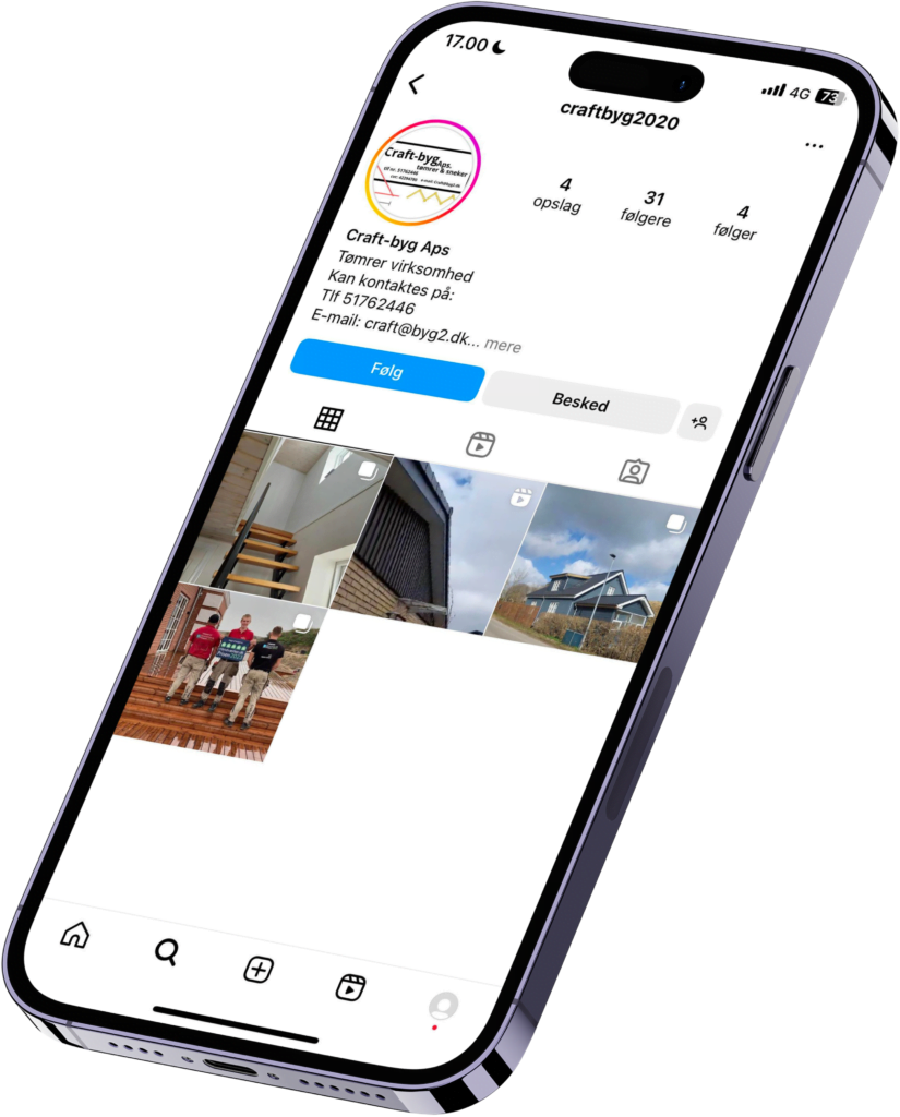 Craft-byg ApS tømrerfirma Instagram profil på smartphone
