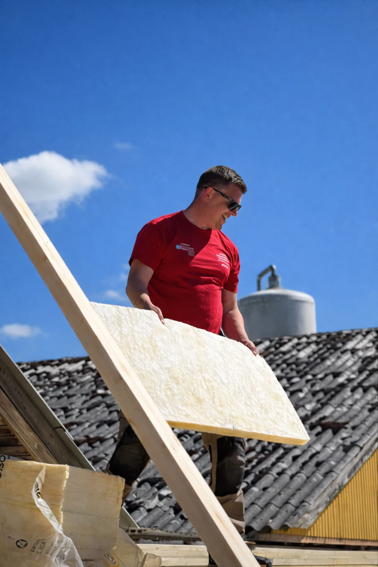 Bygningsarbejder med isoleringsmateriale på taget, klar til at forbedre bygningens energieffektivite.