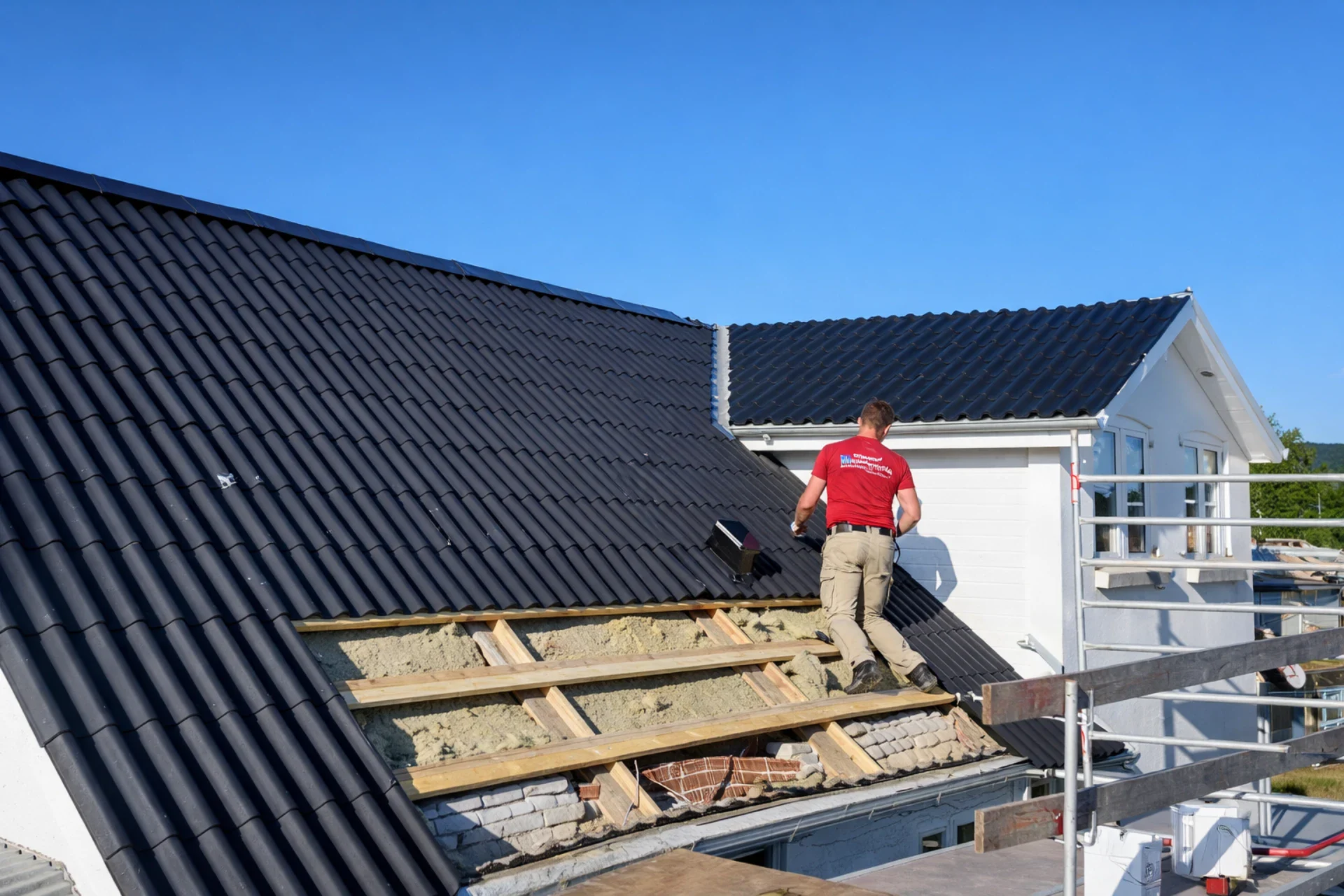 Mand lægger sort tagsten på nybygget tag under tagrenovering.
