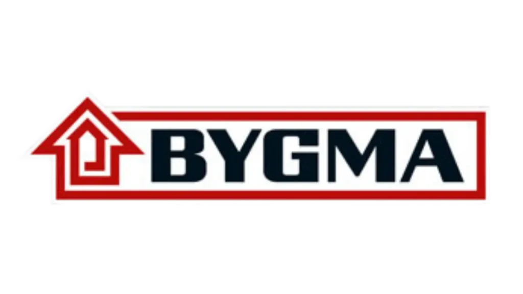 Bygma logo med hus-ikon, byggeri og byggematerialer.